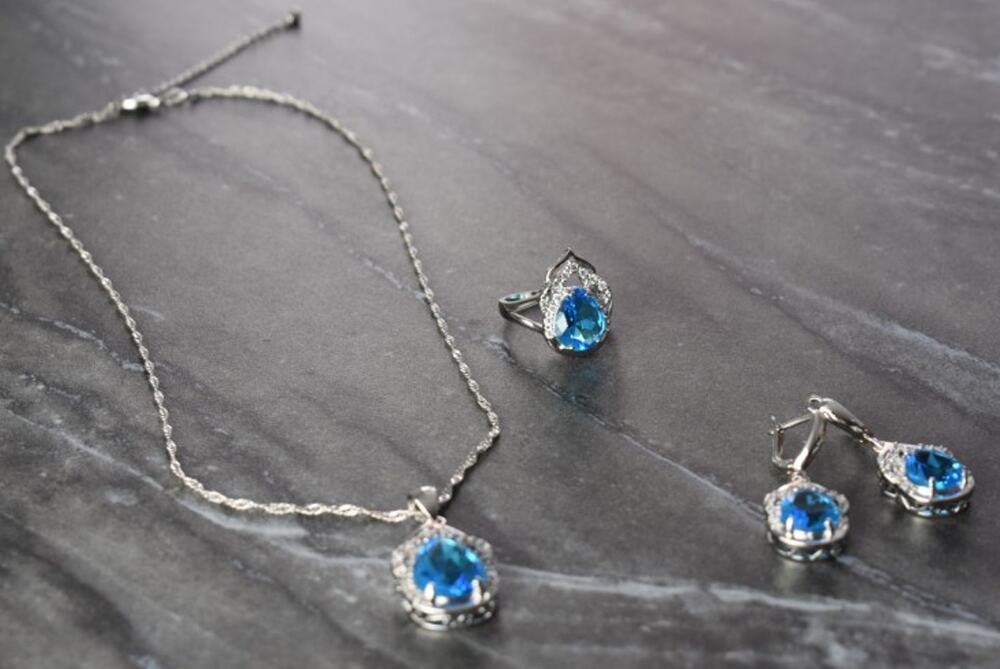 925 Sterling Silver Blue CZ ( Imitation Topaz ) SET